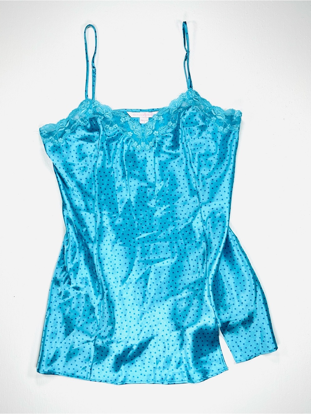 Victoria's Secret Teal Short Slip Turquoise Satin Polka Dot Lace Trim Size large